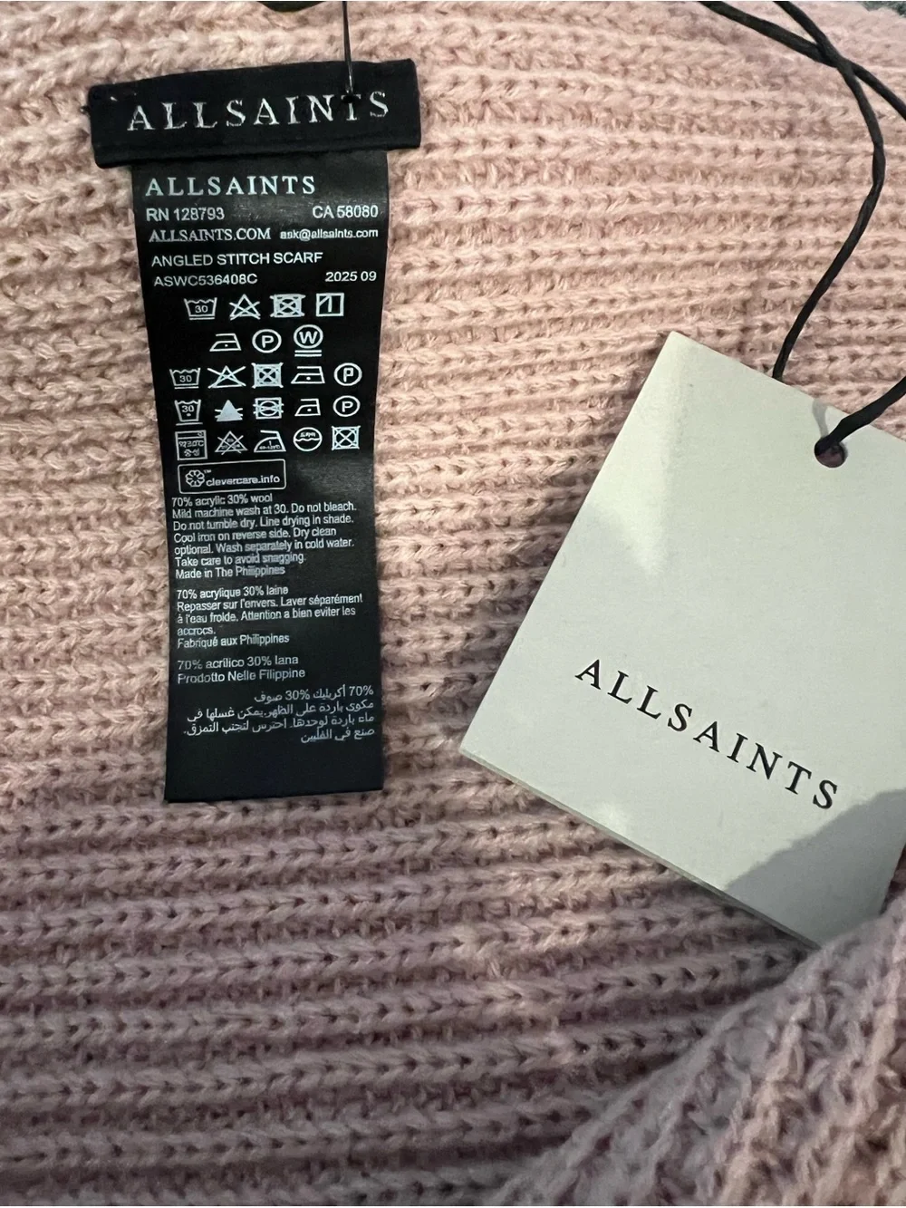 AllSaints Angled Stitch Scarf Misty Rose Pink Knit Oversized NWT Soft Minimalist